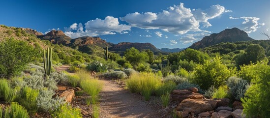 Sticker - A natural landscape featuring a dirt path winding through the desert with mountains in the background, surrounded by terrestrial plants and grasses under a clear sky with fluffy clouds