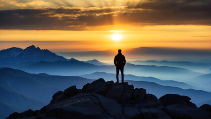 Wall Mural - A lonely figure of a man standing on a high mountain. Man watching the sunset sky and misty mountains, concept of victory, climbing to the top.