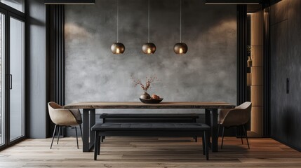 Canvas Print - a dining room with a table and chairs and a vase with flowers on the table and lights hanging from the ceiling.