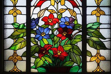 Aufkleber - Stained glass window background with colorful Flower and Leaf abstract