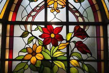 Aufkleber - Stained glass window background with colorful Flower and Leaf abstract