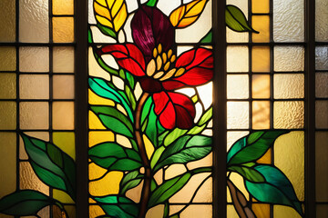 Aufkleber - Stained glass window background with colorful Flower and Leaf abstract