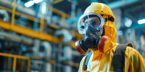 Wall Mural - Biohazard Engineer Dons Gas Mask To Safely Tackle Chemical Leak In Industrial Environment