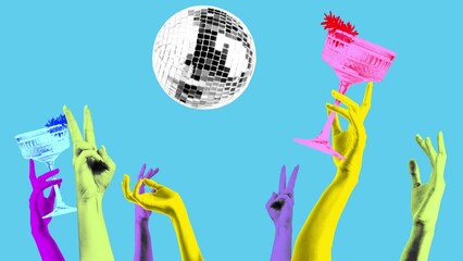 Wall Mural - Modern animation. Stop motion. Raising hands holds cocktails and hitting disco ball against pastel retro background. Bright comics style design. Concept of disco, party, retro fashion, happy and fun.