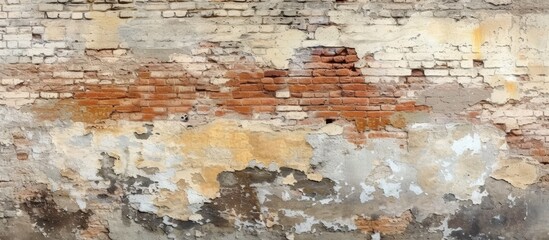 Poster - a close up of a brown brick wall with peeling paint, showing a unique pattern and texture created by