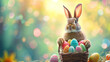 Easter bunny with basket of colorful eggs on bokeh background