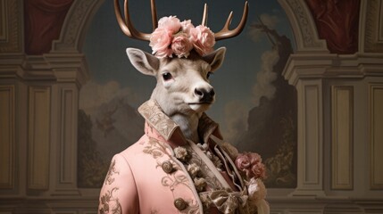 Wall Mural - Realistic lifelike Deer in renaissance regal medieval noble royal outfits, commercial, editorial advertisement, surreal surrealism. 18th-century historical