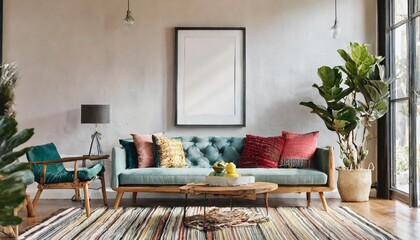 blank wall mexican style interior mockup living room with sofa