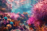 Fototapeta Do akwarium - Vibrant Marine Life Sea Urchins, Coral, And Fish Create Underwater Oasis
