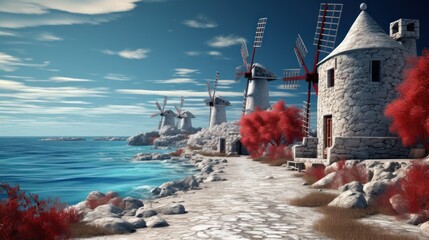 Wall Mural - windmills near  blue sea