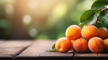 Ripe apricots with leaves on wooden table against blurred background