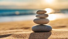 Stacked Zen Stones Sand Background Art Of Balance Concept Banner