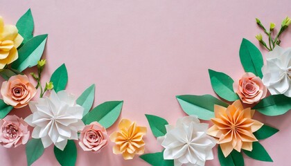 Wall Mural - paper origami flower frame on pastel pink background