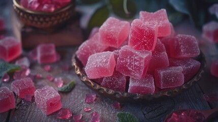 Sticker - a bowl of sugar cubes sitting on top of a table next to a bowl of pink sugar cubes.