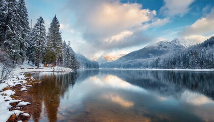 Wall Mural - fantastic morning view beautiful lake dramatic wintry scene of nature concept background