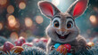 Cute 3D animated style easter bunny holding easter eggs