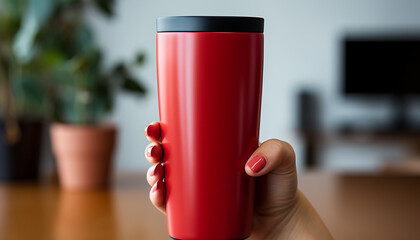 Canvas Print - A woman hand holding a coffee cup on a wooden table generated by AI