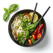 Pho Bo vietnamese soup with beef and rice noodles on a white background, top view, close-up
