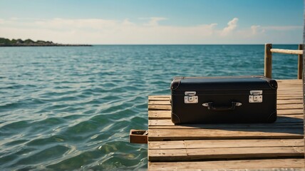 Sticker - Summer background travel concept, Wooden jetty on the sea with a black travel suitcase and sunlight from Generative AI