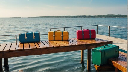 Sticker - Summer background travel concept, Wooden jetty on the sea with a colorful travel suitcase and sunlight from Generative AI