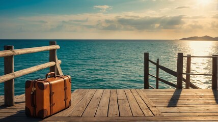 Wall Mural - Summer background travel concept, Wooden jetty on the sea with a colorful travel suitcase and sunlight from Generative AI