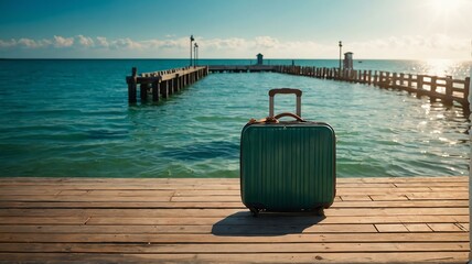 Wall Mural - Summer background travel concept, Wooden jetty on the sea with a green travel suitcase and sunlight from Generative AI