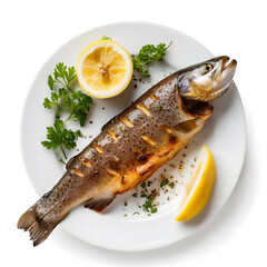 Wall Mural - Fried trout with lemon isolated on white background