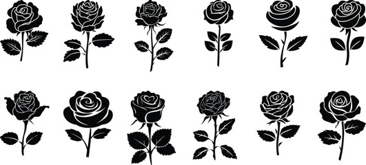 Wall Mural - Set of vector black silhouettes of rose flowers isolated on a white background