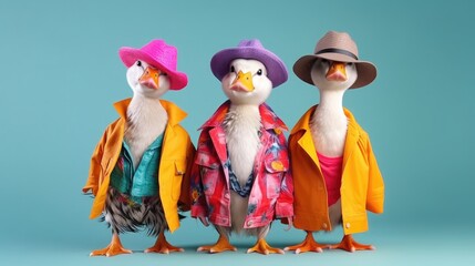 Creative animal concept. Duck in a group, vibrant bright fashionable outfits isolated on solid background advertisement, copy text space