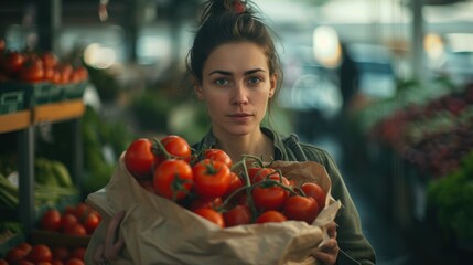 Sticker - a woman holding a bag of tomatoes in front of a bunch of other fruits and vegetables in a grocery store.