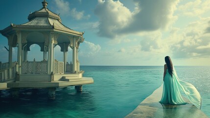 Wall Mural - a woman in a long blue dress standing on a pier looking at the ocean with a gazebo in the background.