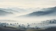 a painting of a foggy valley with trees in the foreground and hills in the distance with trees in the foreground.