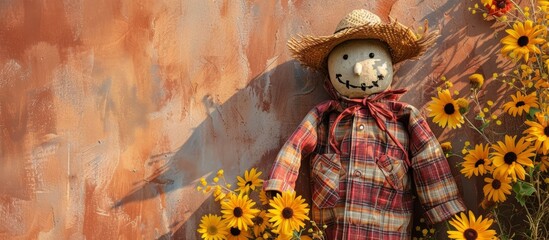 Poster - An organism resembling a toy scarecrow stands amidst a plant of sunflowers, showcasing a beautiful floral design and intricate petal patterns. A stunning event for macro photography