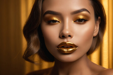 The golden hue of her golden lipstick adorns her lips like a precious organ, highlighting their allure in a captivating closeup