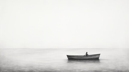 Canvas Print - a black and white photo of a man in a rowboat in the ocean on a foggy day with a person standing in the front of the rowboat.