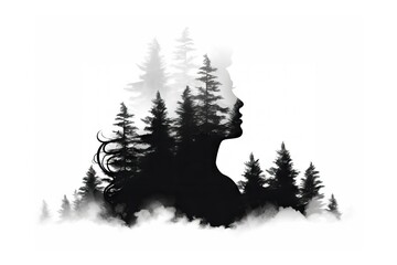 Wall Mural - Creative double exposure portrait of attractive woman with forest. Environment and conservation concept. International Mother Earth Day. Environmental problems and protection. Caring for nature