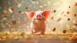 Piggy bank with falling coins. Savings, investment, Winning lucky pig bank concept.