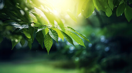 Wall Mural - waterdrop on green leaves in the morning sun