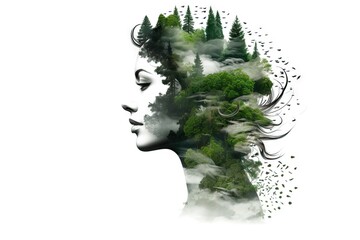 Wall Mural - Creative double exposure portrait of attractive woman with forest. Environment and conservation concept. International Mother Earth Day. Environmental problems and protection. Caring for nature