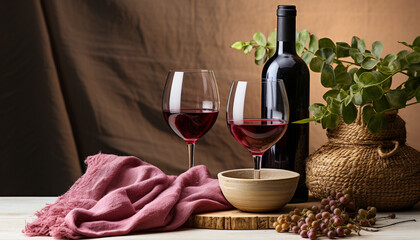 Wall Mural - Luxury wine bottle on wooden table, nature elegant celebration generated by AI