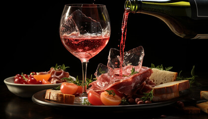 Wall Mural - A gourmet meal prosciutto, pork, bread, tomato, wine, and meat generated by AI