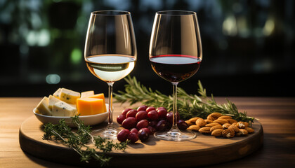 Wall Mural - Gourmet meal wine, food, grape, wood, freshness, celebration, luxury generated by AI