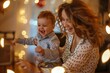 Happy european mother with her son dancing at home together, spending leisure time in living room, smiling young mom and adorable boy child moving to favorite music, family engaged in funny activity