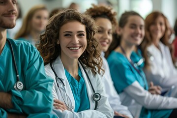 smiling cheerful nurse doctor sit relax in seminar training class nurse doctor group happiness positive face expression in education class hospital background