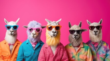 Creative animal concept. Unicorn in a group, vibrant bright fashionable outfits isolated on solid background advertisement, copy text space