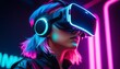 Young girl model with short white hairs wearing a led lights VR visor viewer, sci-fi low-poly background, led light on pink blue and purple shades