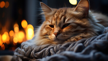 Poster - Cute kitten sleeping, cozy and warm by the fireplace generated by AI