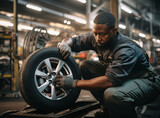 Fototapeta  - A motivated auto-mechanic in working uniform rolling tire and preparing to change it.