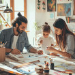 A family engaged in a creative art project in a bright uncluttered space with minimalist supplies