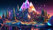 Holographic low poly colorful landscapes with mountains and trees